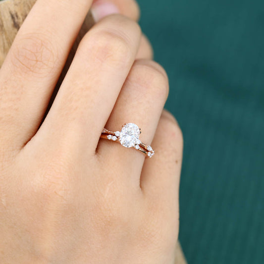 Vintage 1.3CT Oval Cut Moissanite Engagement Ring Set with Petite Accents & Milgrain Detailing