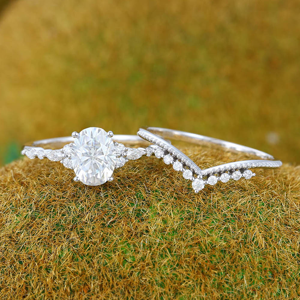 1.3ct Oval Cut Moissanite Engagement Ring Set with Petite Accents & Beaded Design