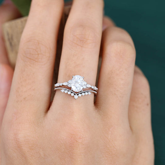 1.3ct Oval Cut Moissanite Engagement Ring Set with Petite Accents & Beaded Design