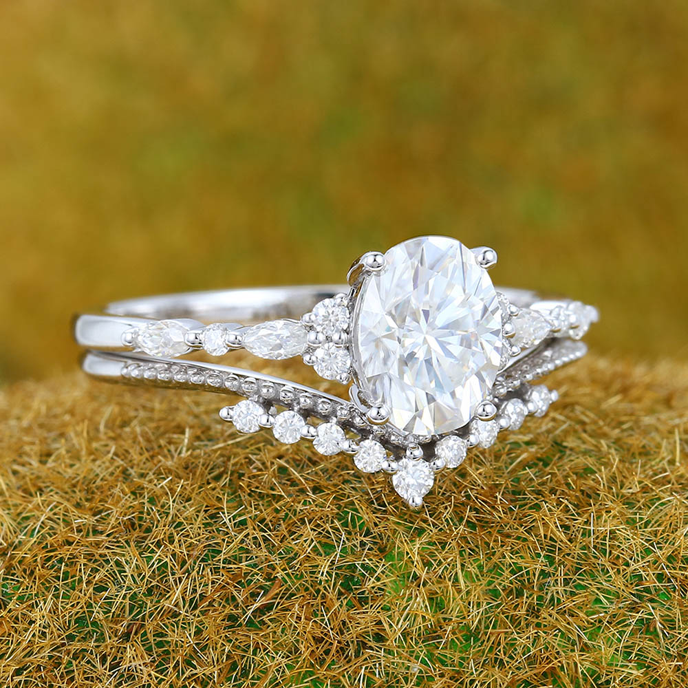 1.3ct Oval Cut Moissanite Engagement Ring Set with Petite Accents & Beaded Design