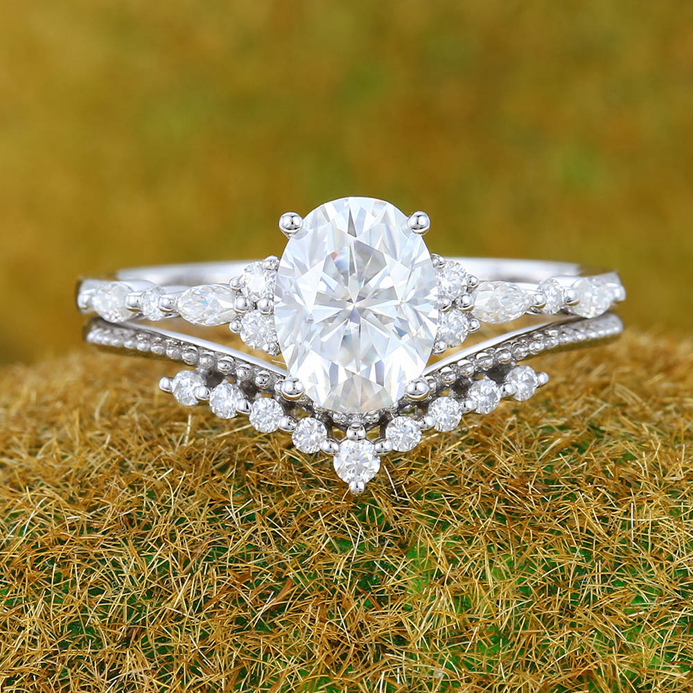 1.3ct Oval Cut Moissanite Engagement Ring Set with Petite Accents & Beaded Design
