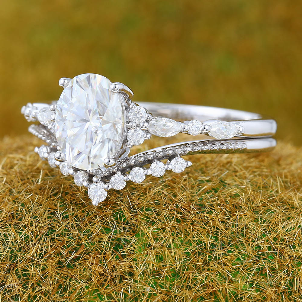1.3ct Oval Cut Moissanite Engagement Ring Set with Petite Accents & Beaded Design