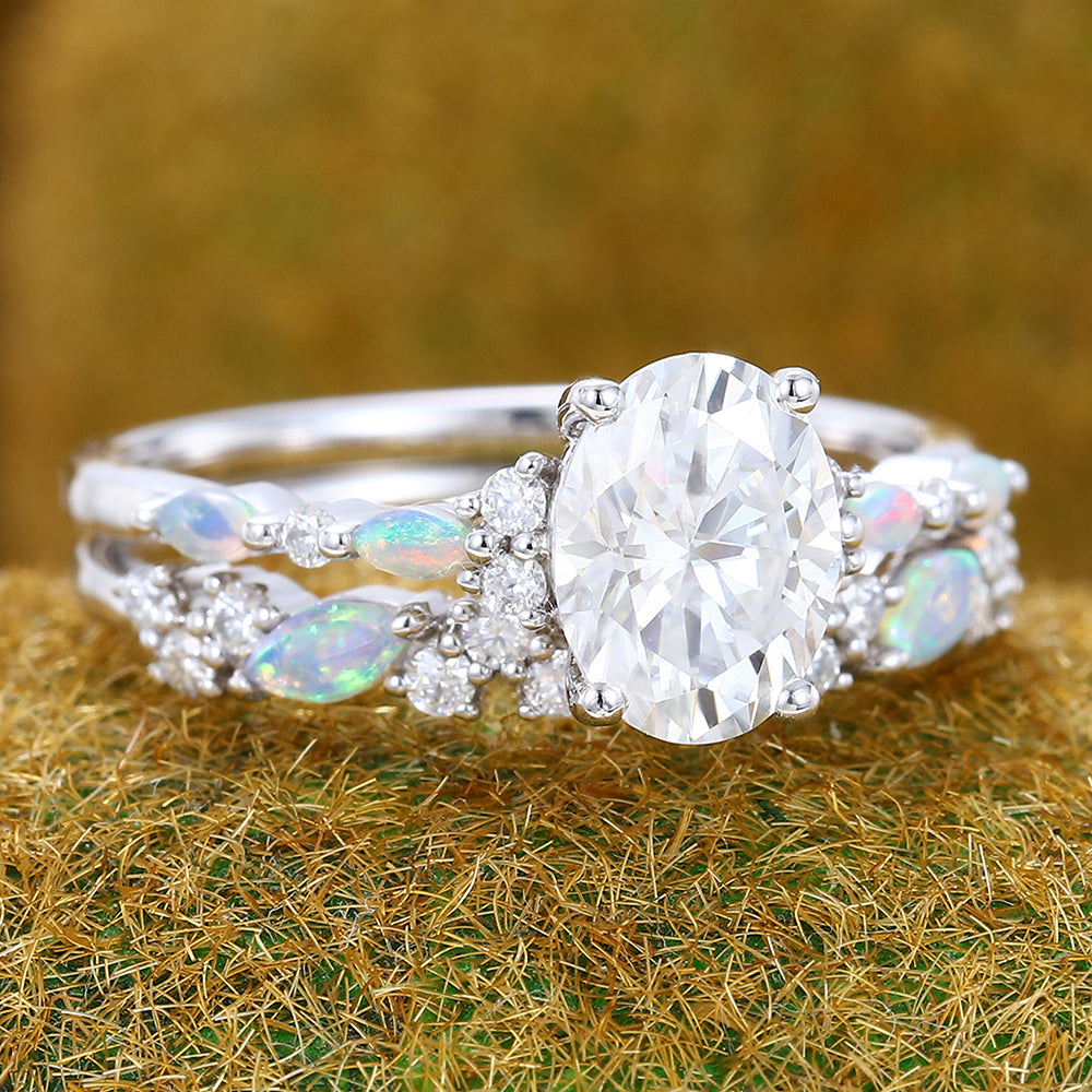 Oval Cut Moissanite Engagement Ring Set Opal Accent 2PCS Half Eternity Rings