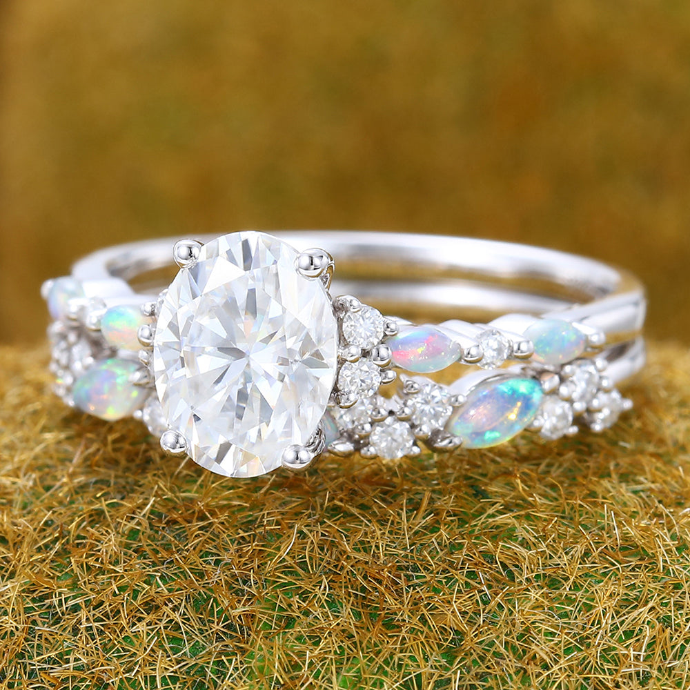 Oval Cut Moissanite Engagement Ring Set Opal Accent 2PCS Half Eternity Rings