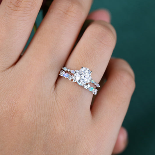 Oval Cut Moissanite Engagement Ring Set Opal Accent 2PCS Half Eternity Rings