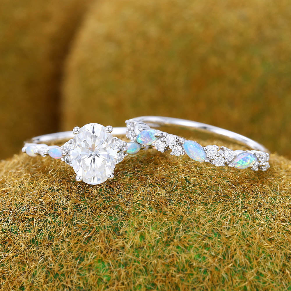 Oval Cut Moissanite Engagement Ring Set Opal Accent 2PCS Half Eternity Rings