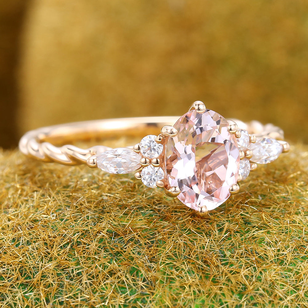 Oval Cut Morganite Engagement Ring with 3/4 Twisted Band