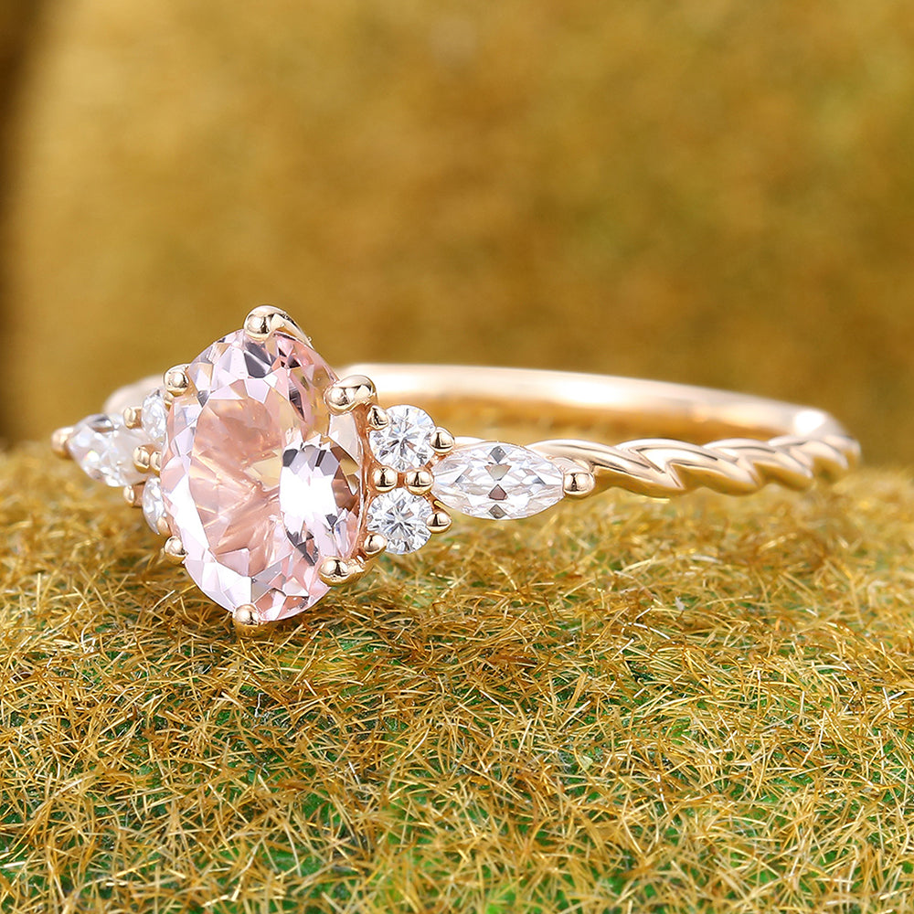 Oval Cut Morganite Engagement Ring with 3/4 Twisted Band