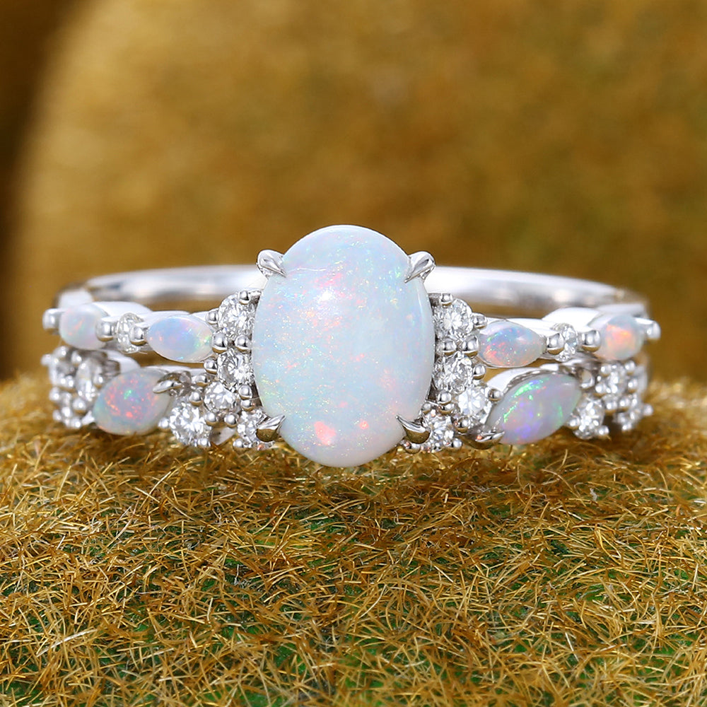 Claw Prongs Oval Cut Opal Engagement Ring Set in Yellow Gold 2PCS