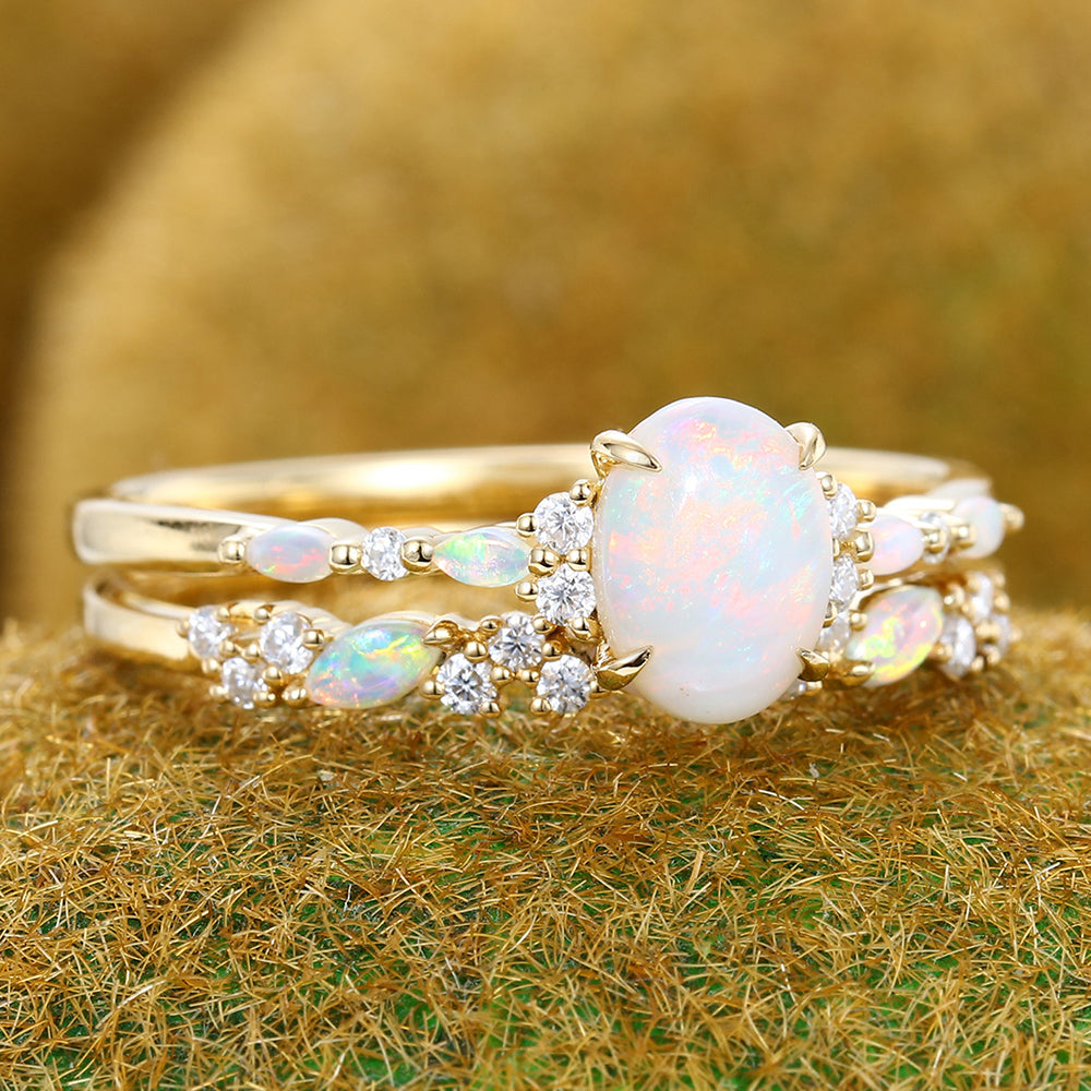 Claw Prongs Oval Cut Opal Engagement Ring Set in Yellow Gold 2PCS