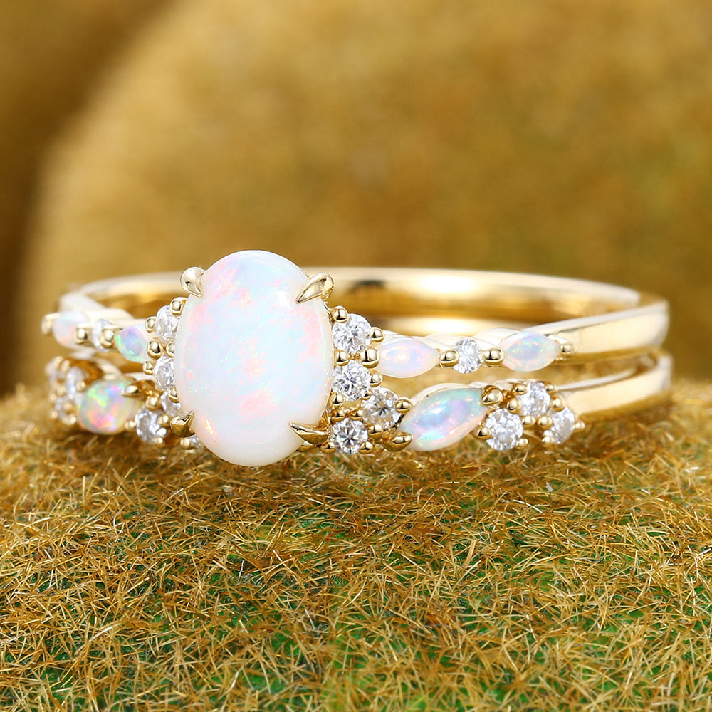 Claw Prongs Oval Cut Opal Engagement Ring Set in Yellow Gold 2PCS