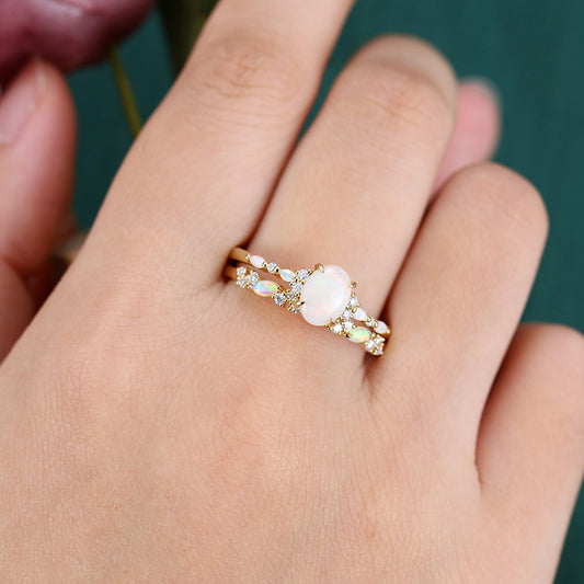 Claw Prongs Oval Cut Opal Engagement Ring Set in Yellow Gold 2PCS