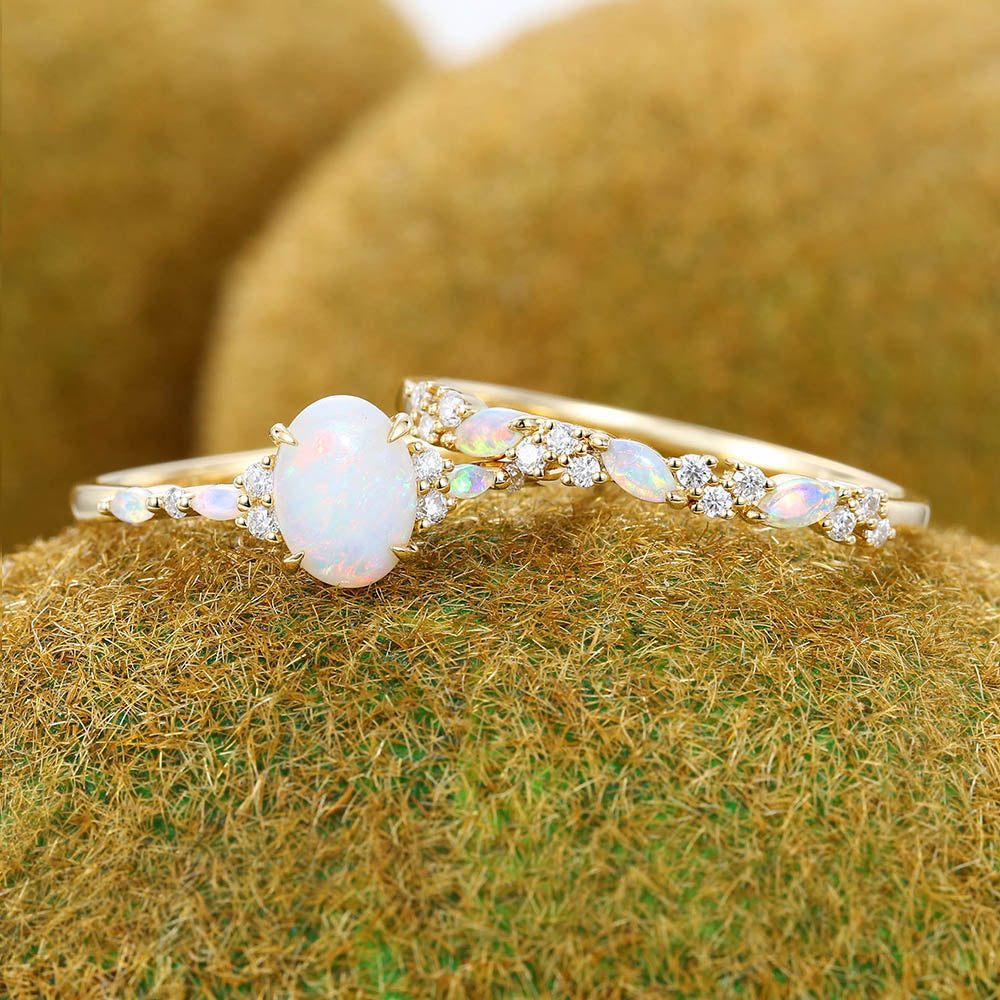 Claw Prongs Oval Cut Opal Engagement Ring Set in Yellow Gold 2PCS