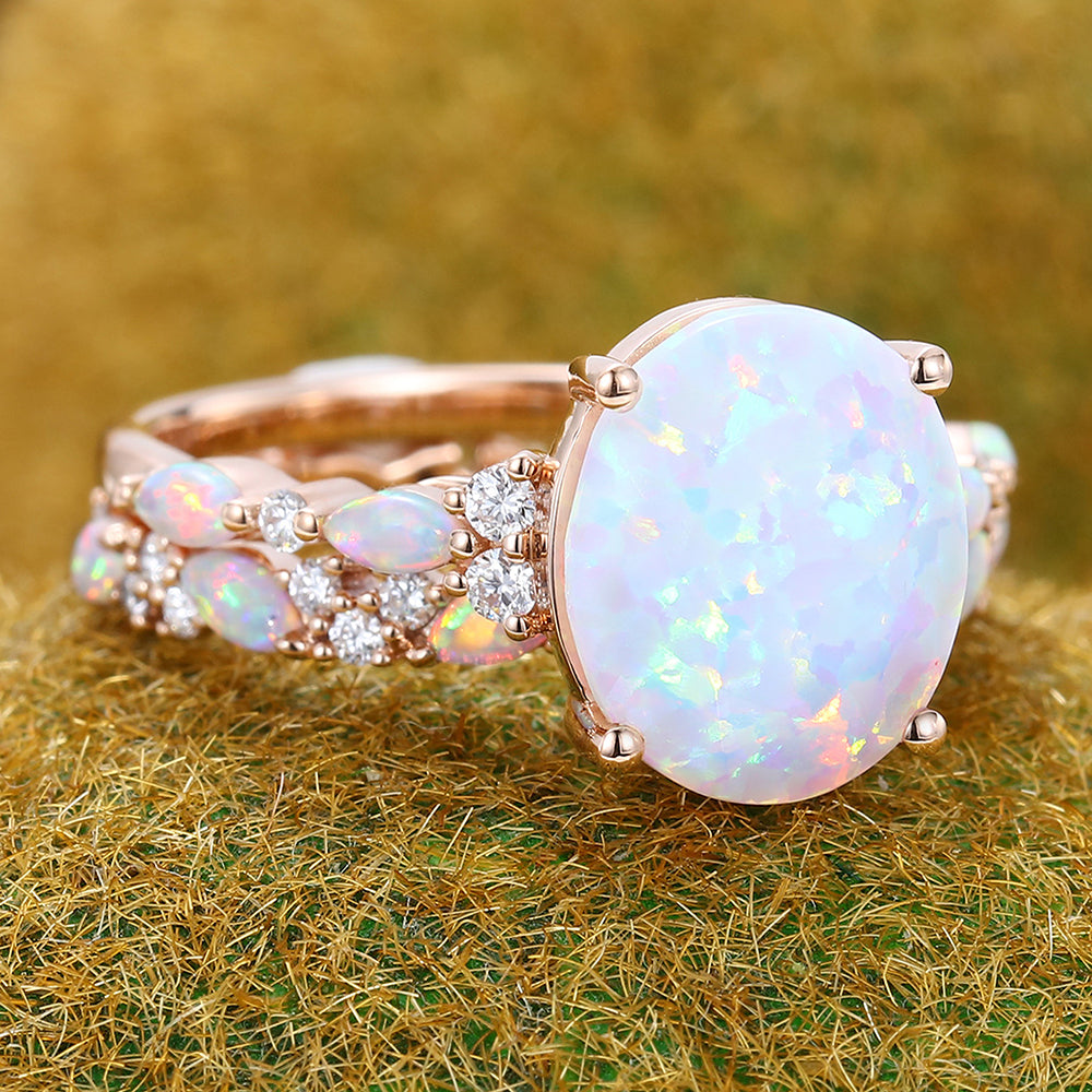 Large Oval Cut Opal Engagement Ring Set 2PCS Half Eternity Bridal Ring Set