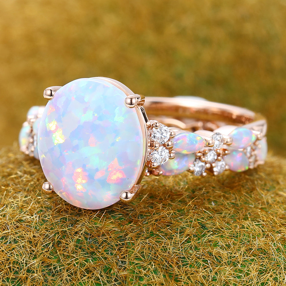 Large Oval Cut Opal Engagement Ring Set 2PCS Half Eternity Bridal Ring Set