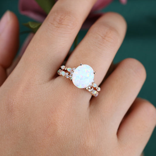 Large Oval Cut Opal Engagement Ring Set 2PCS Half Eternity Bridal Ring Set