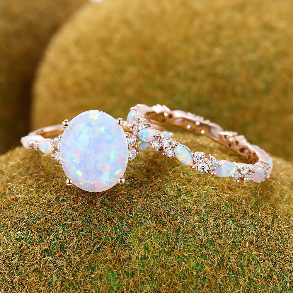 Large Oval Cut Opal Engagement Ring Set 2PCS Half Eternity Bridal Ring Set