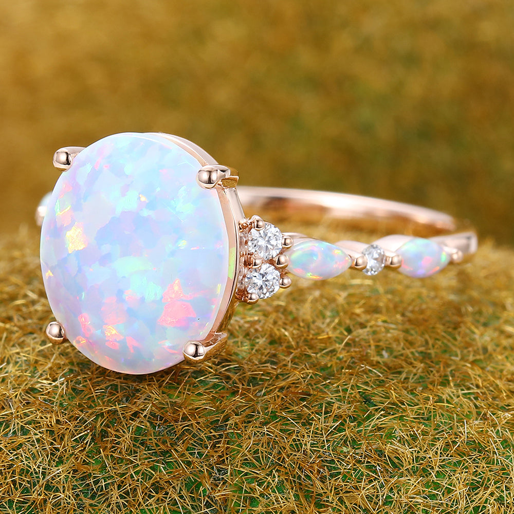 Large Oval Cut Opal Engagement Ring Half Eternity Bridal Ring