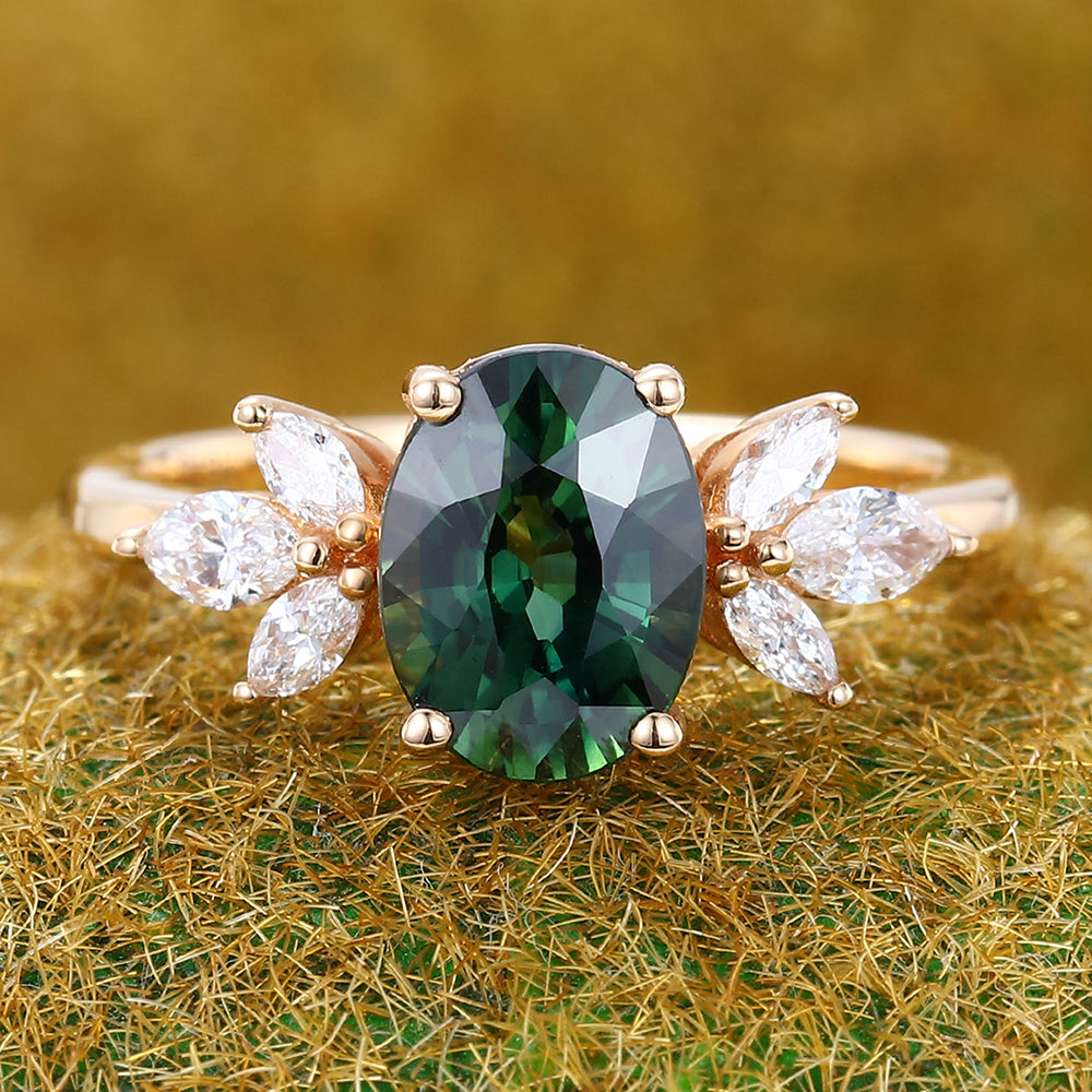 Oval Cut Green Blue Sapphire Engagement Ring with Sparkle Cluster Accents