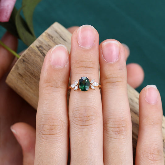 Oval Cut Green Blue Sapphire Engagement Ring with Sparkle Cluster Accents