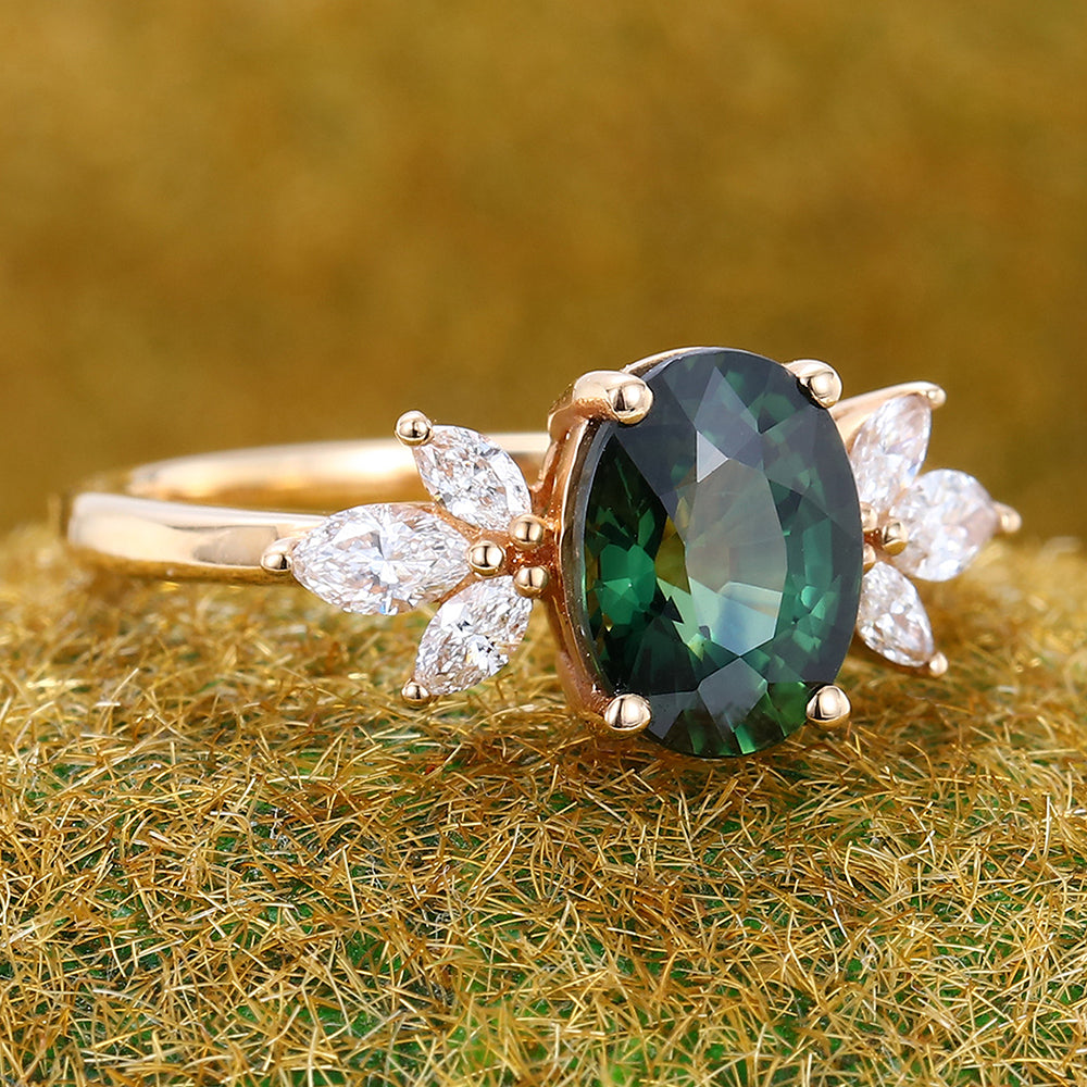 Oval Cut Green Blue Sapphire Engagement Ring with Sparkle Cluster Accents
