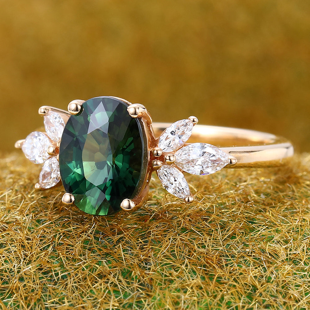 Oval Cut Green Blue Sapphire Engagement Ring with Sparkle Cluster Accents