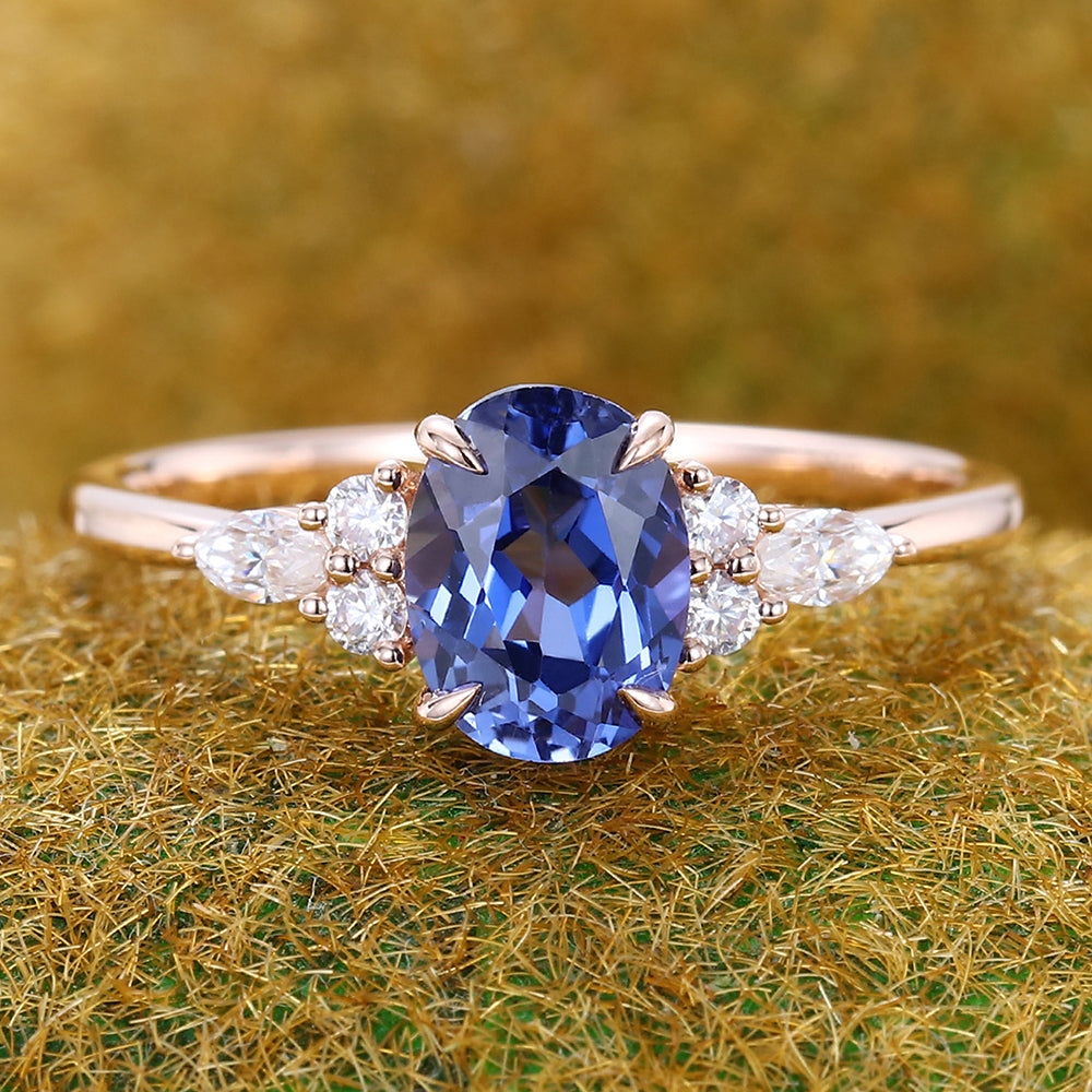 Oval Cut Cornflower Sapphire Cluster With Moissanite Engagement Ring