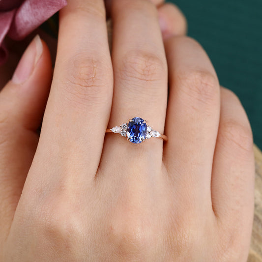 Oval Cut Cornflower Sapphire Cluster With Moissanite Engagement Ring