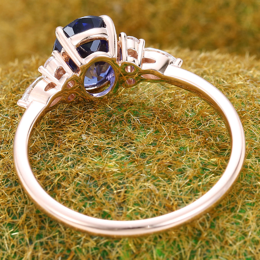 Oval Cut Cornflower Sapphire Cluster With Moissanite Engagement Ring
