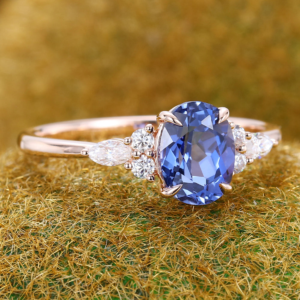 Oval Cut Cornflower Sapphire Cluster With Moissanite Engagement Ring