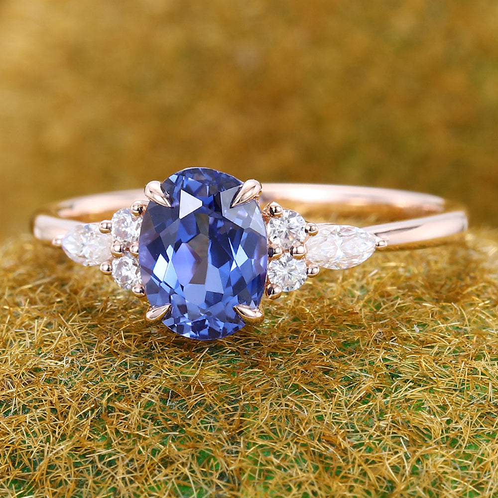 Oval Cut Cornflower Sapphire Cluster With Moissanite Engagement Ring