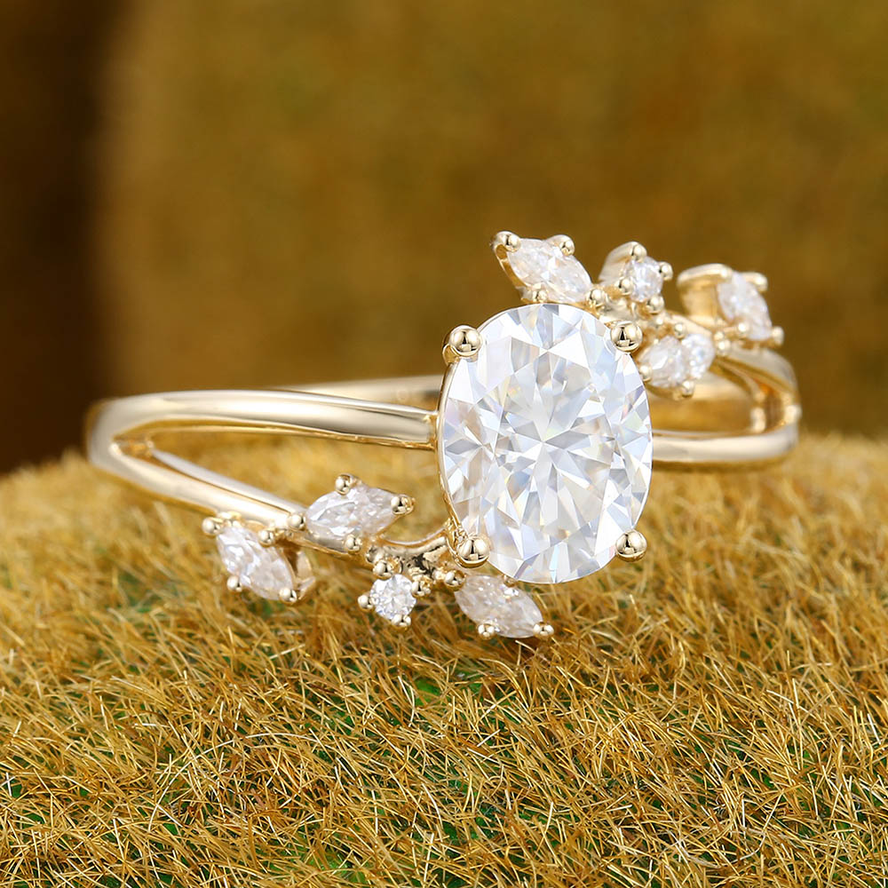 Oval Moissanite engagement ring Vintage Yellow gold engagement ring Marquise cut Diamond Cluster ring Wedding Promise Anniversary gift