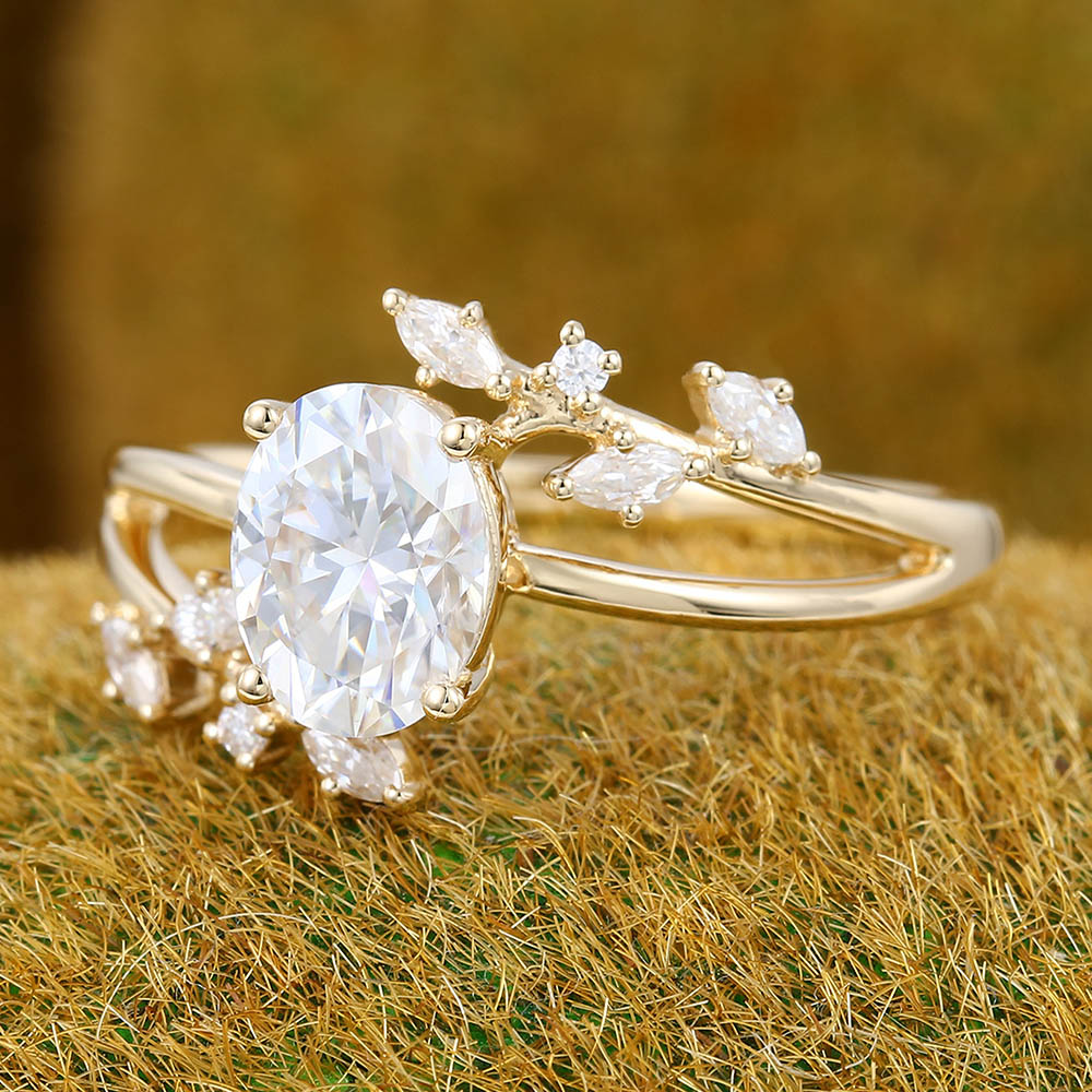 Oval Moissanite engagement ring Vintage Yellow gold engagement ring Marquise cut Diamond Cluster ring Wedding Promise Anniversary gift
