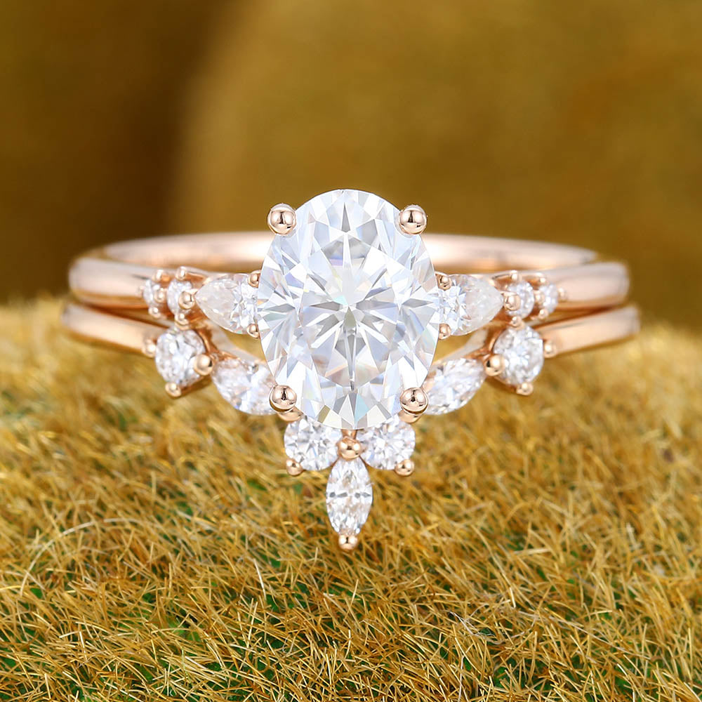 Oval Moissanite engagement ring set Vintage Unique rose gold engagement ring Antique Pear shaped Diamond ring Curved Bridal Anniversary ring