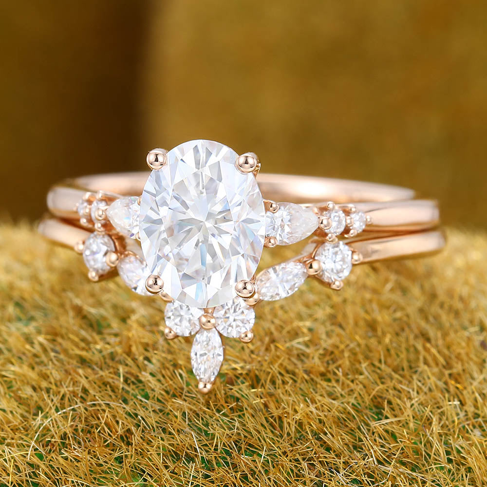 Oval Moissanite engagement ring set Vintage Unique rose gold engagement ring Antique Pear shaped Diamond ring Curved Bridal Anniversary ring