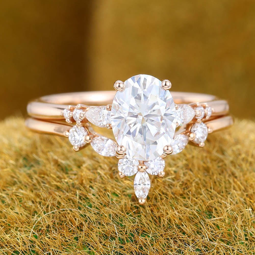 Oval Moissanite engagement ring set Vintage Unique rose gold engagement ring Antique Pear shaped Diamond ring Curved Bridal Anniversary ring