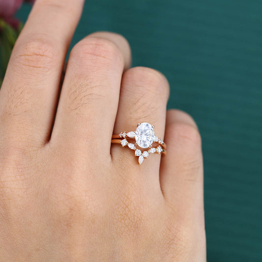 Oval Moissanite engagement ring set Vintage Unique rose gold engagement ring Antique Pear shaped Diamond ring Curved Bridal Anniversary ring