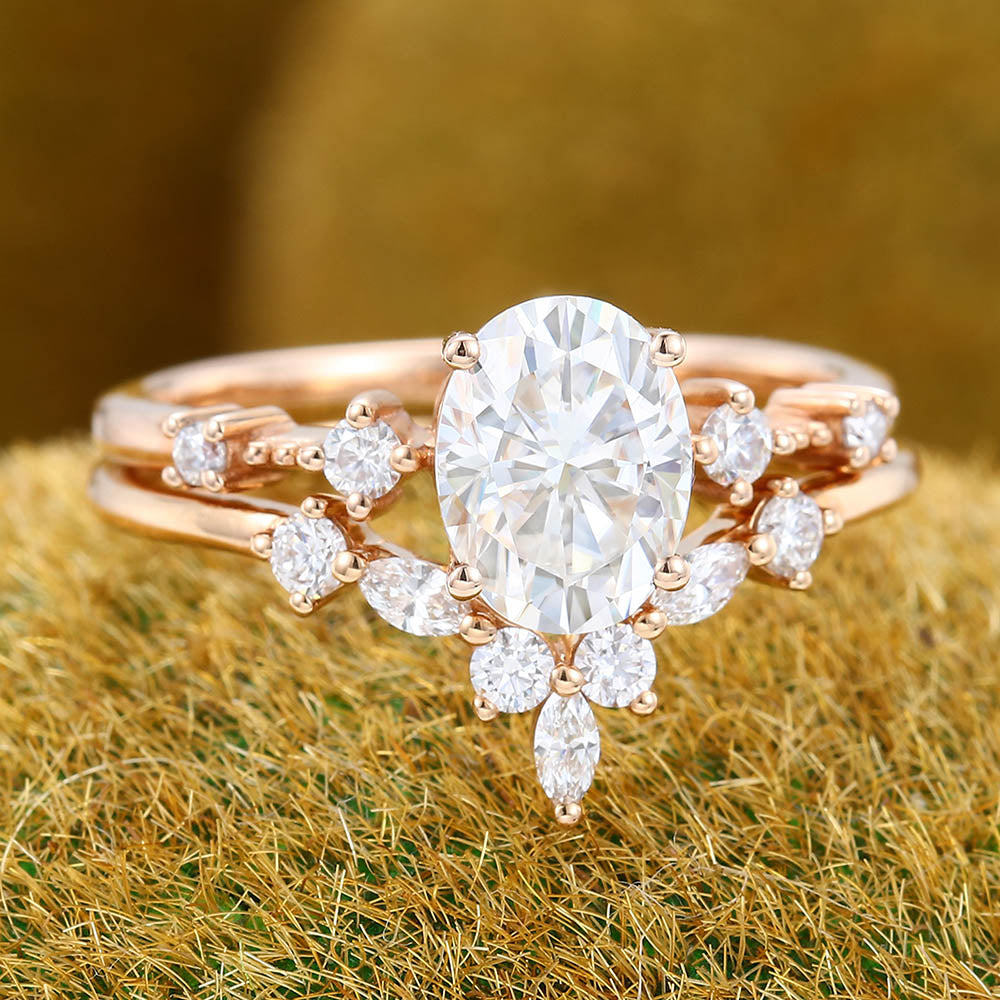 Oval Moissanite engagement ring set Vintage marquise cut Diamond ring Milgrain ring Unique Rose gold Bridal set Promise Anniversary ring