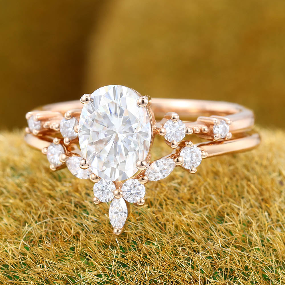 Oval Moissanite engagement ring set Vintage marquise cut Diamond ring Milgrain ring Unique Rose gold Bridal set Promise Anniversary ring