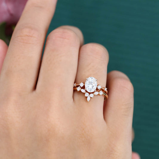 Oval Moissanite engagement ring set Vintage marquise cut Diamond ring Milgrain ring Unique Rose gold Bridal set Promise Anniversary ring