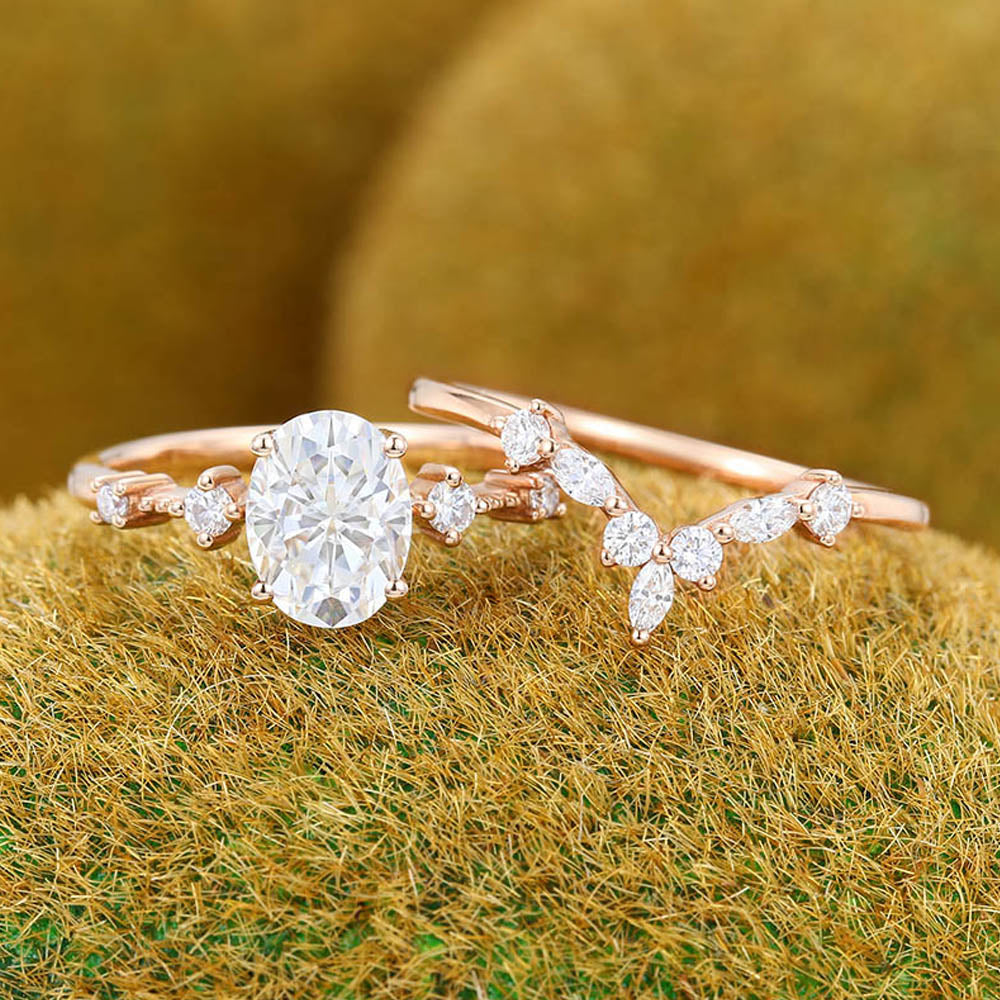 Oval Moissanite engagement ring set Vintage marquise cut Diamond ring Milgrain ring Unique Rose gold Bridal set Promise Anniversary ring