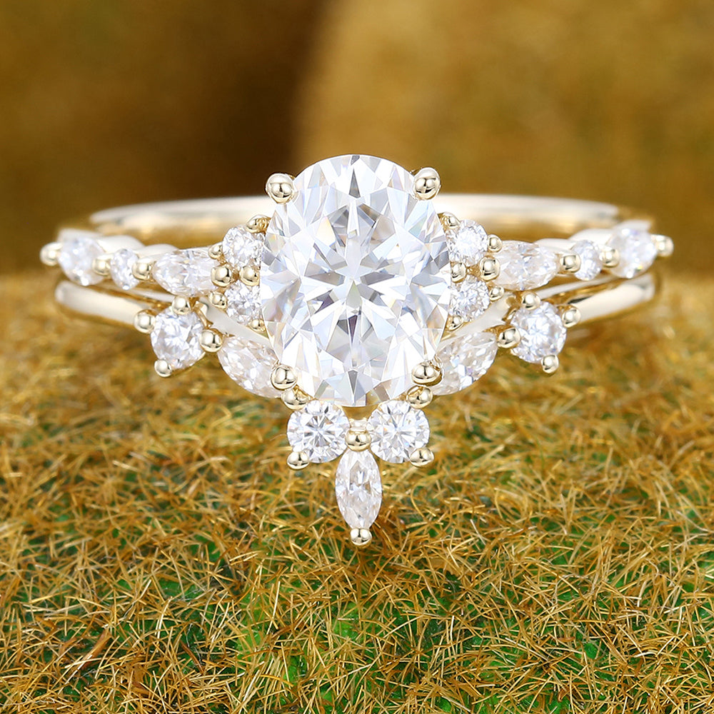 Oval Moissanite engagement ring set vintage Unique rose gold bridal set Antique Marquise Diamond ring set Promise Anniversary ring for women