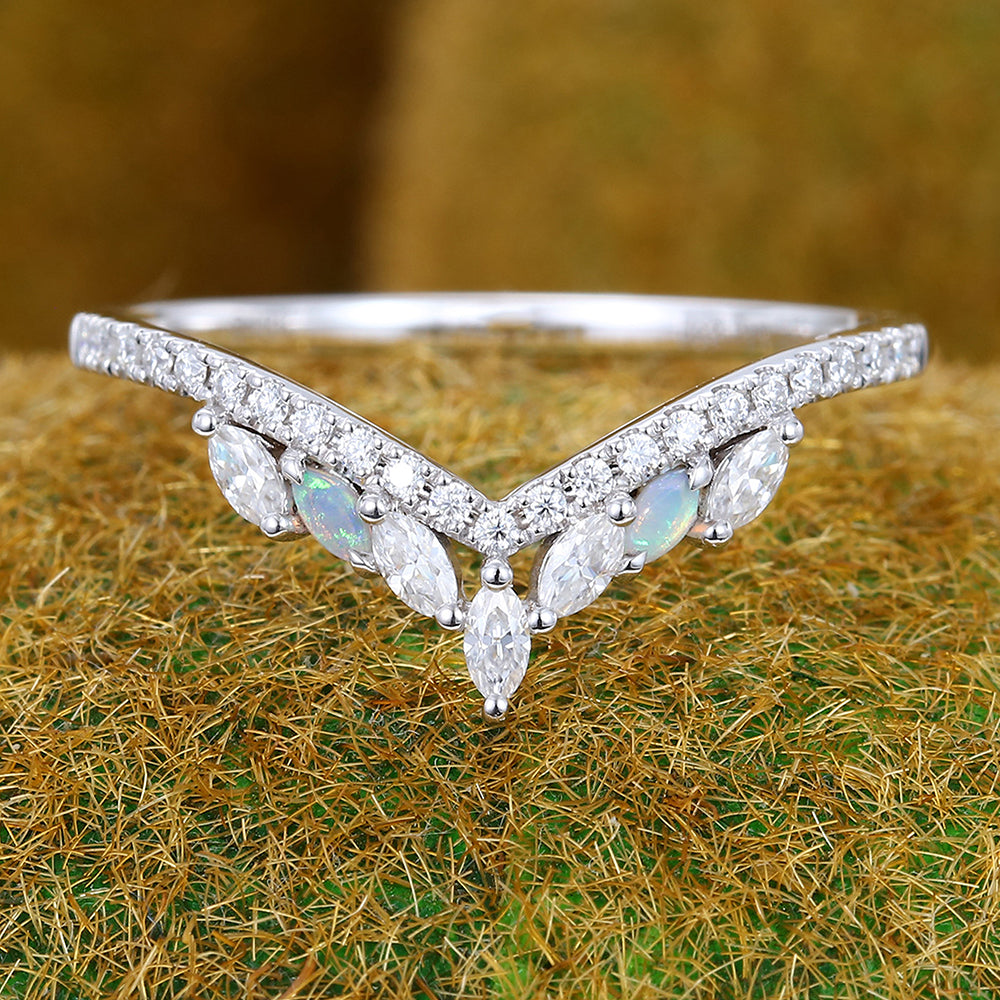 Pavé Petite Round Moissanite Wedding Band with Marquise Opal & Moissanite Cluster