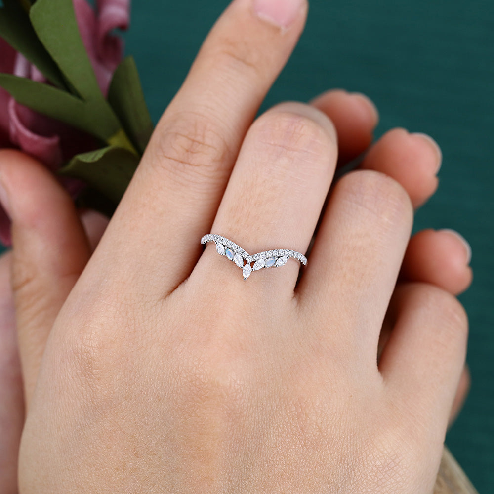 Pavé Petite Round Moissanite Wedding Band with Marquise Opal & Moissanite Cluster