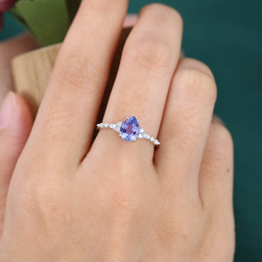 1CT Pear Cut Tanzanite Engagement Ring with Marquise & Round Cluster