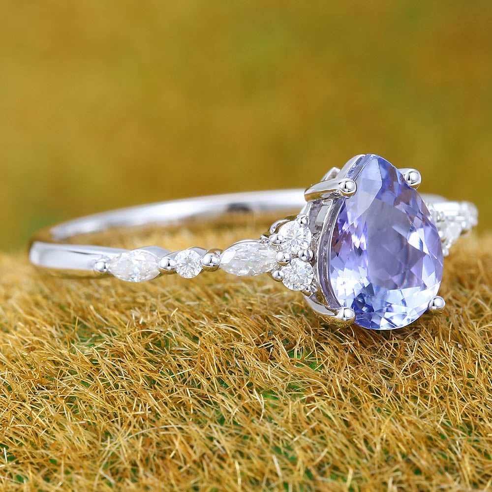1CT Pear Cut Tanzanite Engagement Ring with Marquise & Round Cluster