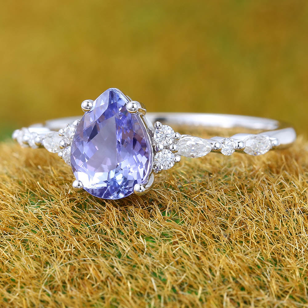 1CT Pear Cut Tanzanite Engagement Ring with Marquise & Round Cluster