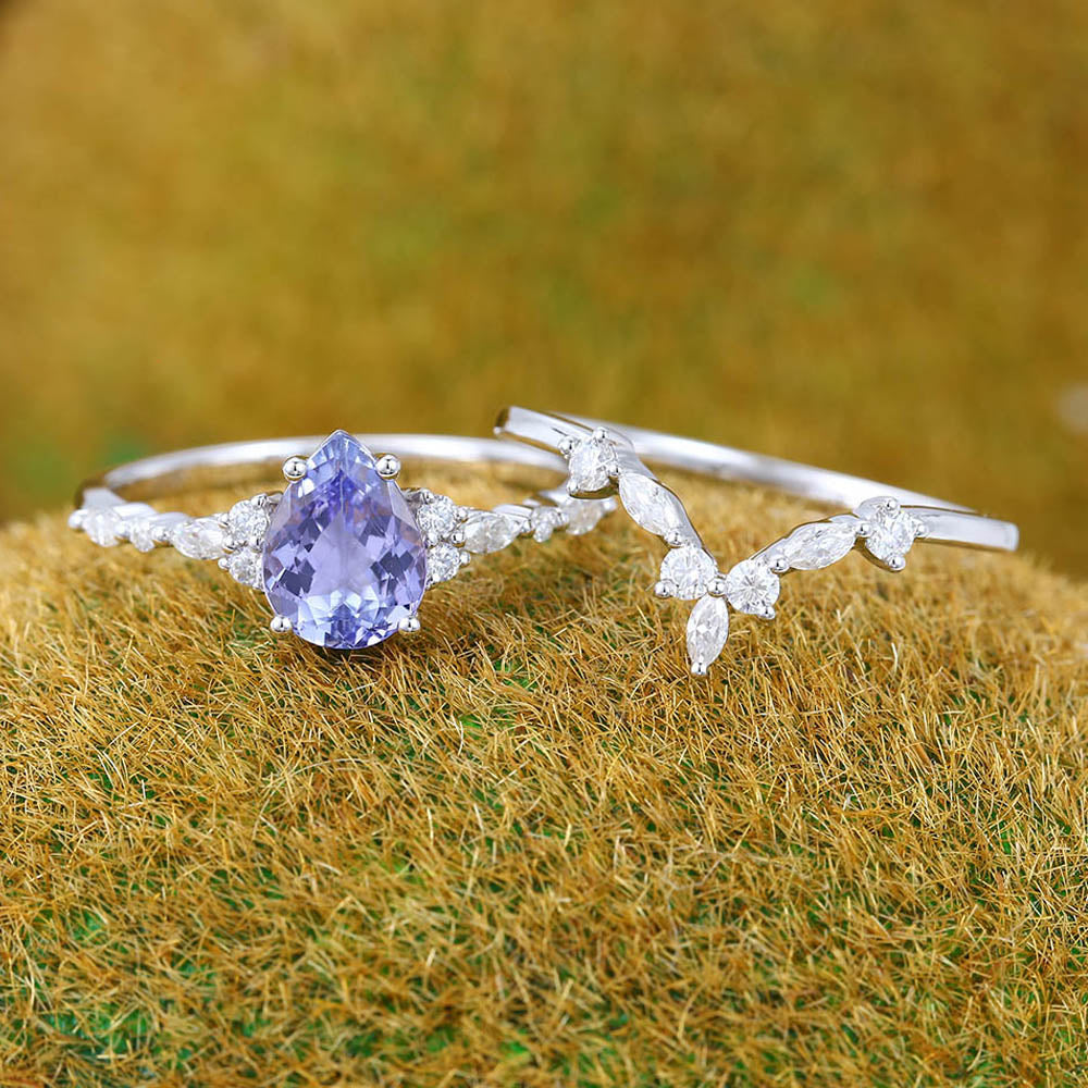1CT Pear Cut Tanzanite Engagement Ring Set with Marquise & Round Cluster Accents