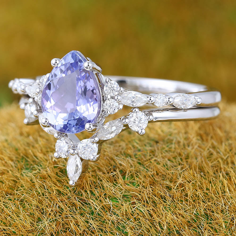 1CT Pear Cut Tanzanite Engagement Ring Set with Marquise & Round Cluster Accents