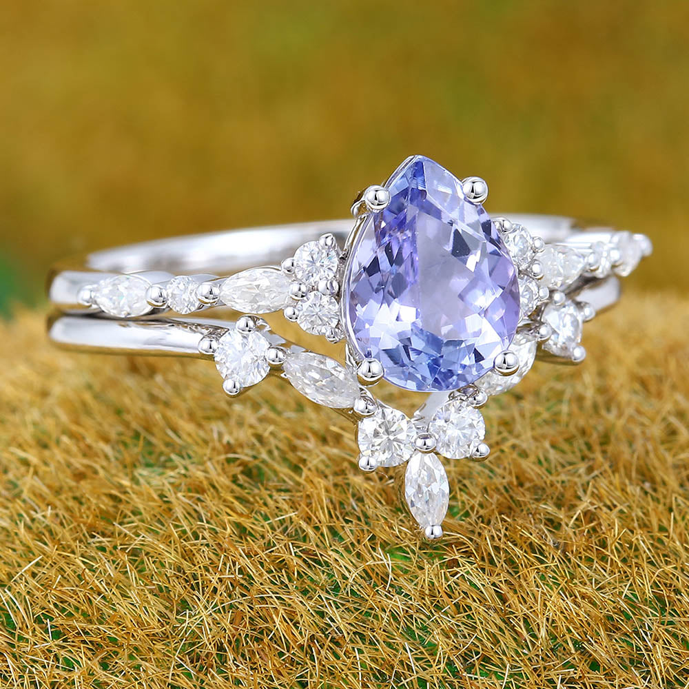 1CT Pear Cut Tanzanite Engagement Ring Set with Marquise & Round Cluster Accents